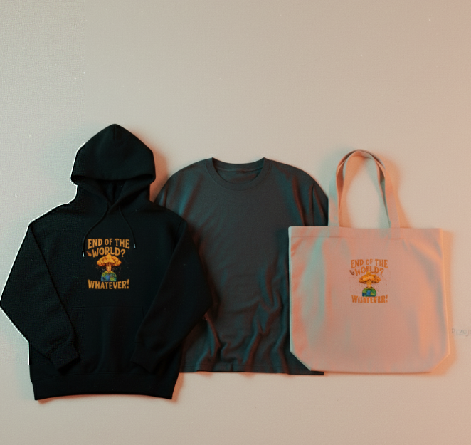 A minimalist flat lay product shot featuring three items of streetwear on a light background with subtle warm lighting. From left to right: a black hoodie with the graphic 'END OF THE WORLD? WHATEVER!' depicting a mushroom cloud explosion, a plain dark grey t-shirt, and a light beige canvas tote bag also featuring the 'END OF THE WORLD? WHATEVER!' graphic. The items are neatly arranged side-by-side.
