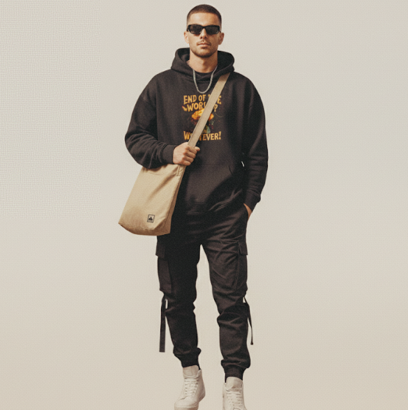A stylish young man stands facing forward against a light, off-white background with a subtle gradient. He is wearing a dark, oversized hoodie featuring the graphic 'END OF THE WORLD? WHATEVER!' with a mushroom cloud motif. He has dark cargo pants, white sneakers, a light beige canvas tote bag slung over his shoulder, a silver chain necklace, and dark sunglasses. His right hand is in his pocket, and he projects a cool, urban vibe.
