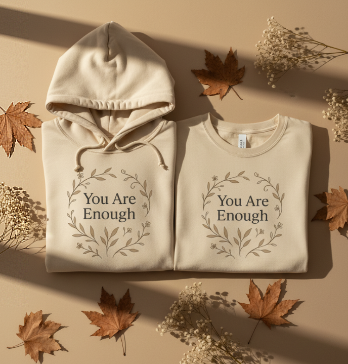 A minimalist flat lay photograph showcasing a beige hoodie and a beige t-shirt, both featuring a graphic. The graphic displays the text 'You Are Enough' in dark grey letters, encircled by a beige wreath of leaves and small flowers. The apparel is laid out on a light beige background, surrounded by scattered dried brown maple leaves and sprigs of baby's breath. Soft shadows, resembling natural sunlight, fall across the scene, creating a cozy and autumnal atmosphere.